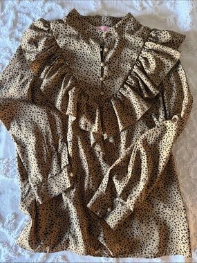 Tan Leopard-Print Ruffle Blouse